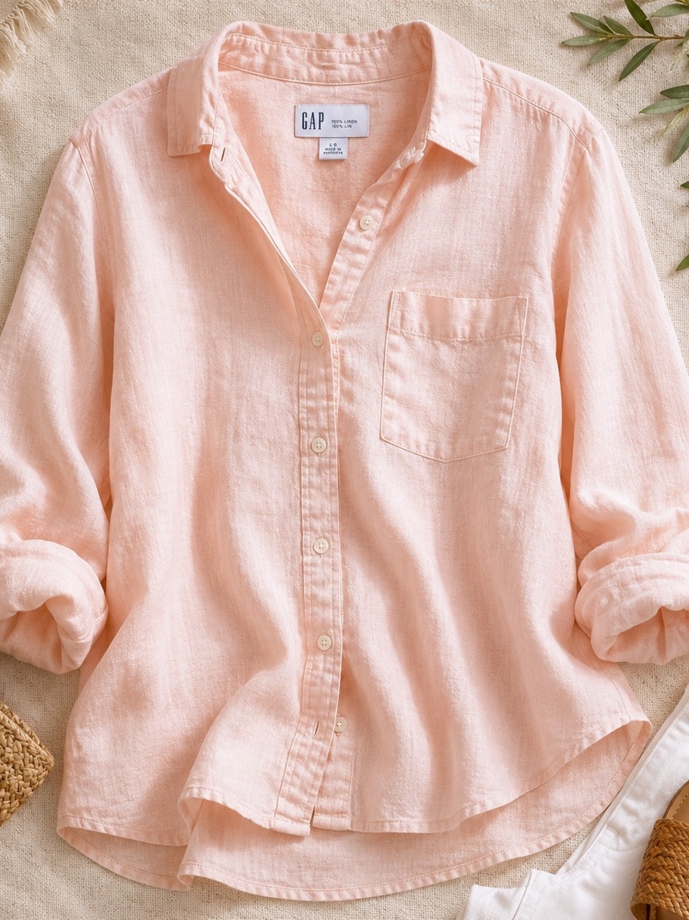 GAP 100% Linen Pale Pink Button Front Shirt Large